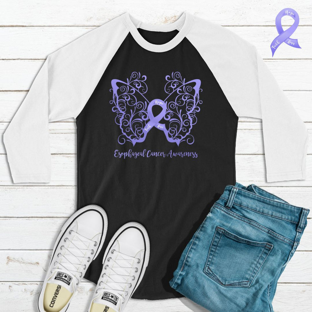 Esophageal Cancer Awareness Filigree Butterfly 3/4 Sleeve Raglan Shirt