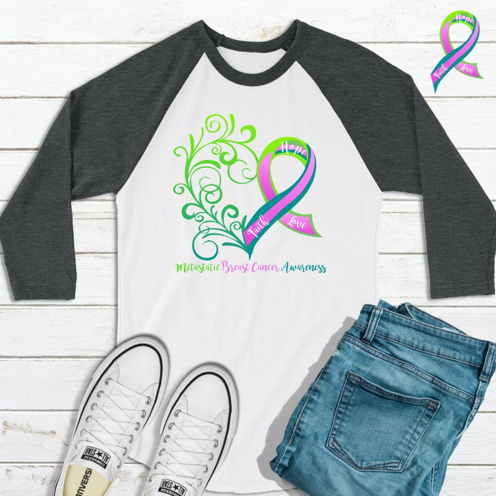 Metastatic Breast Cancer Awareness Heart 3/4 Sleeve Raglan Shirt (Several Colors Available)