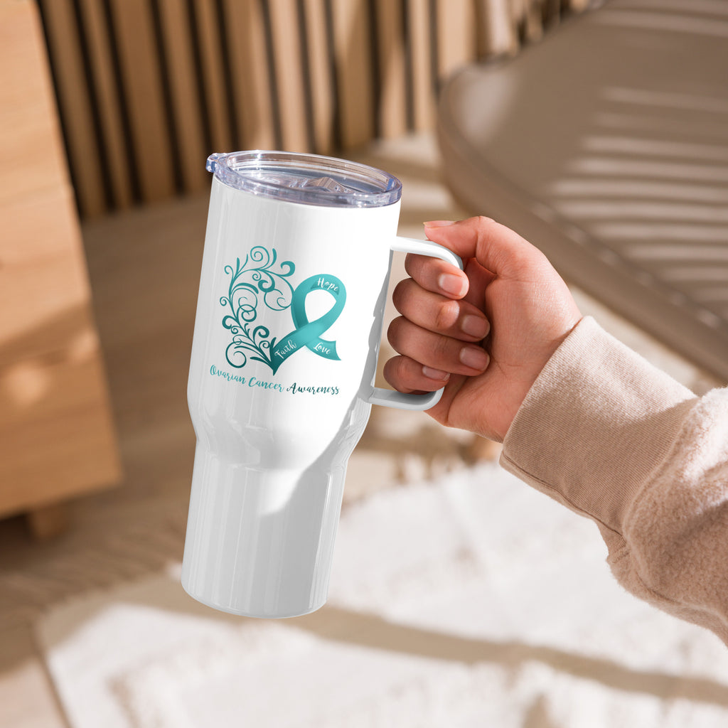 Ovarian Cancer Awareness Heart Travel Mug with a Handle (Dual-Sided Design)(25 oz)