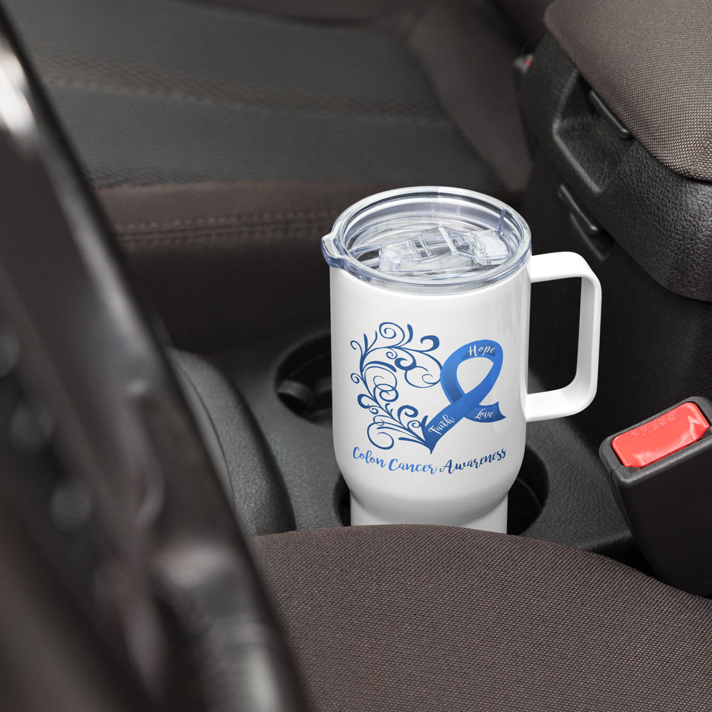 Colon Cancer Awareness Heart Travel mug with a Handle