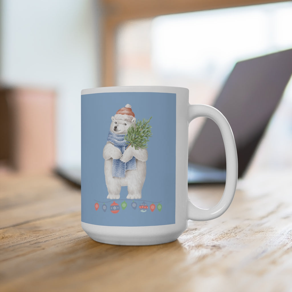 Vintage Watercolor Christmas Polar Bear (Denim Blue) Mug (15oz) (Dual Sided-Design)