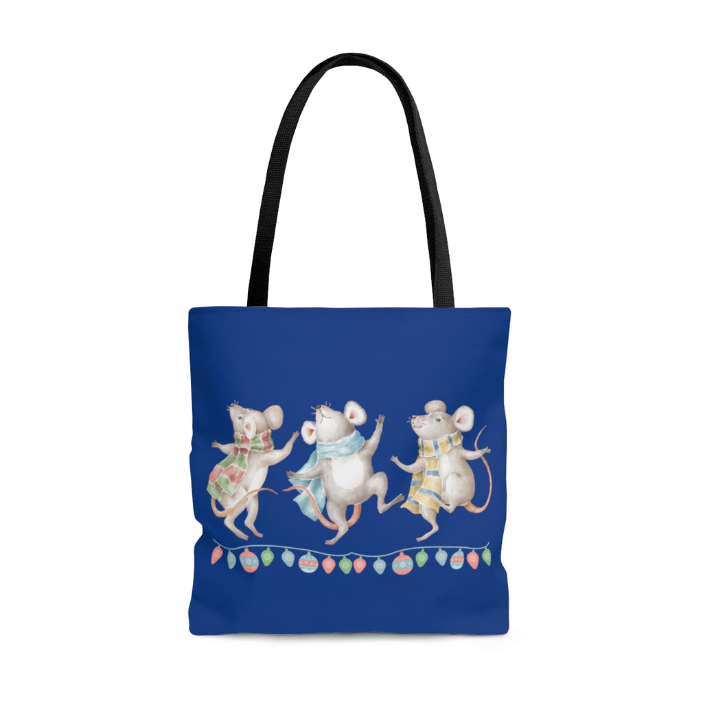 Vintage Watercolor Christmas Dancing Mice Large Tote Bag (Royal Blue)(Dual-Sided Design)