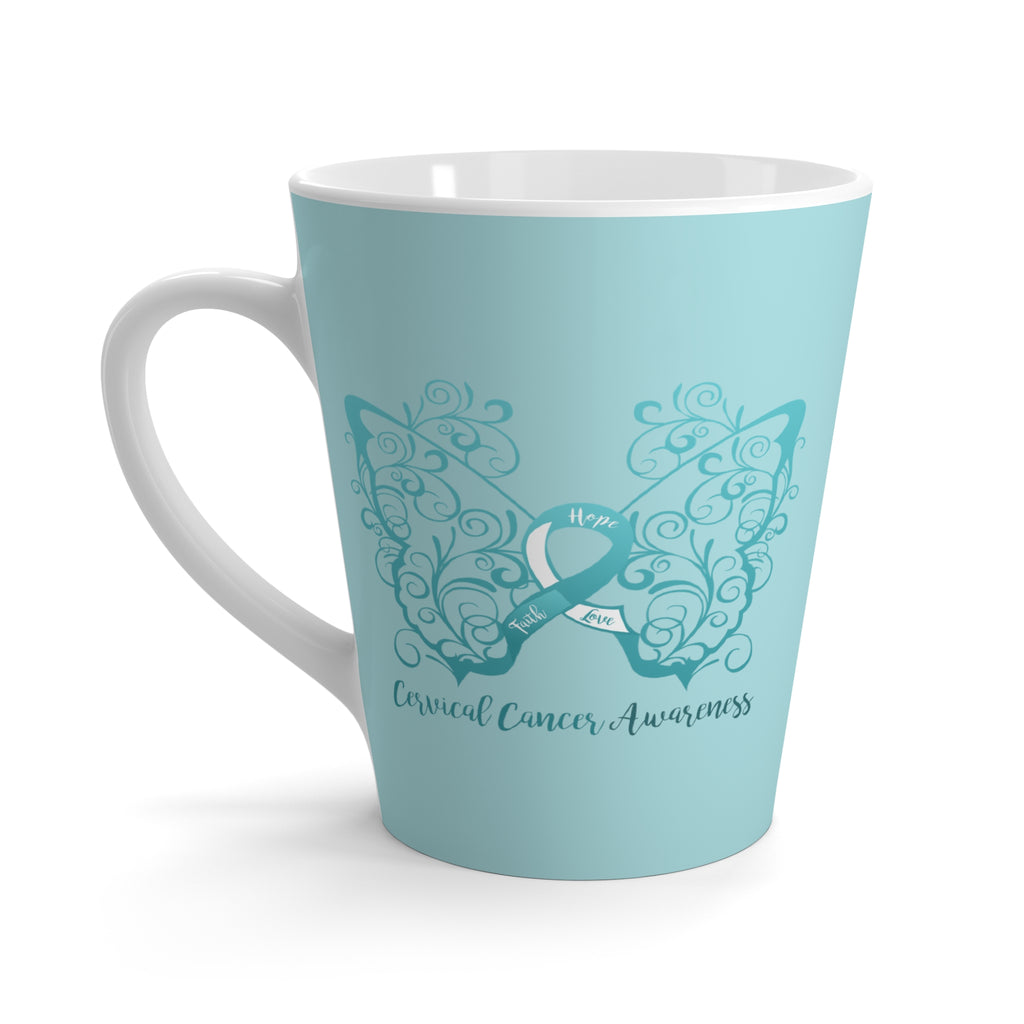 Cervical Cancer Awareness Filigree Butterfly Light Teal Latte Mug (12 oz.) (Dual Sided Design)