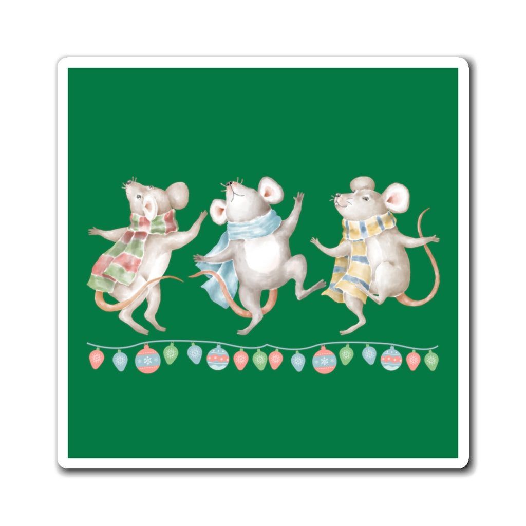 Vintage Watercolor Christmas Dancing Mice Magnet (Kelly Green) (3 Sizes Available)