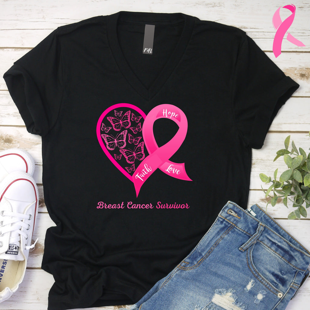 Breast Cancer "Survivor" Butterfly Heart V-Neck T-Shirt (Size Medium ONLY) (Quick Ship)