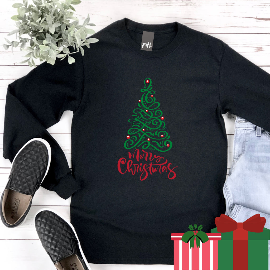 Filigree Merry Christmas Tree Plus Size Long Sleeve T-Shirt - Several Colors Available