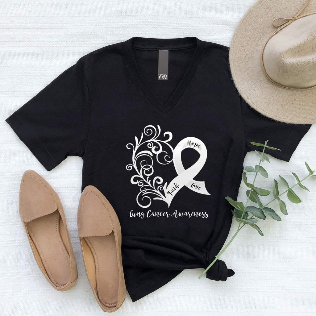 Lung Cancer Awareness Black V-Neck T-Shirt (Size Large ONLY) (Quick Ship)