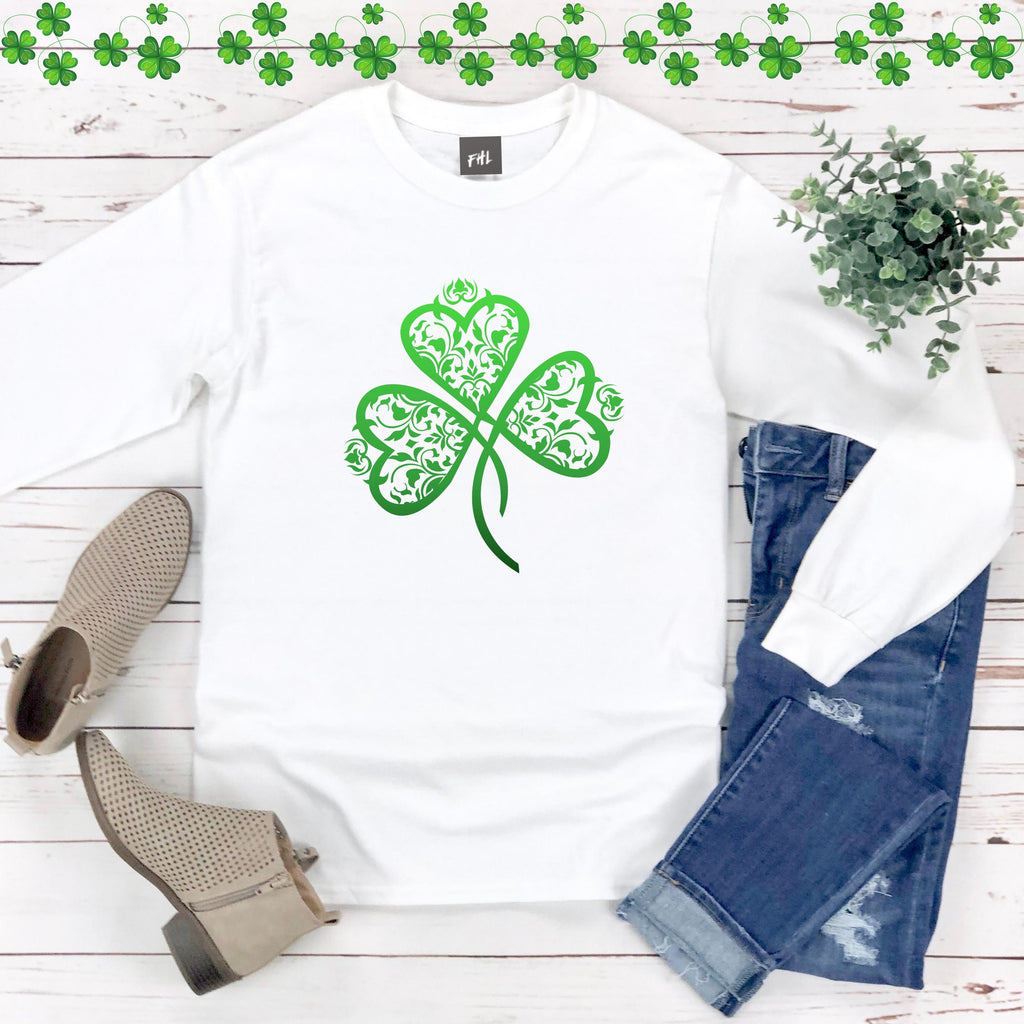 St. Patrick's Day Filigree Shamrock Plus Size Long Sleeve Shirt (Several Colors Available)