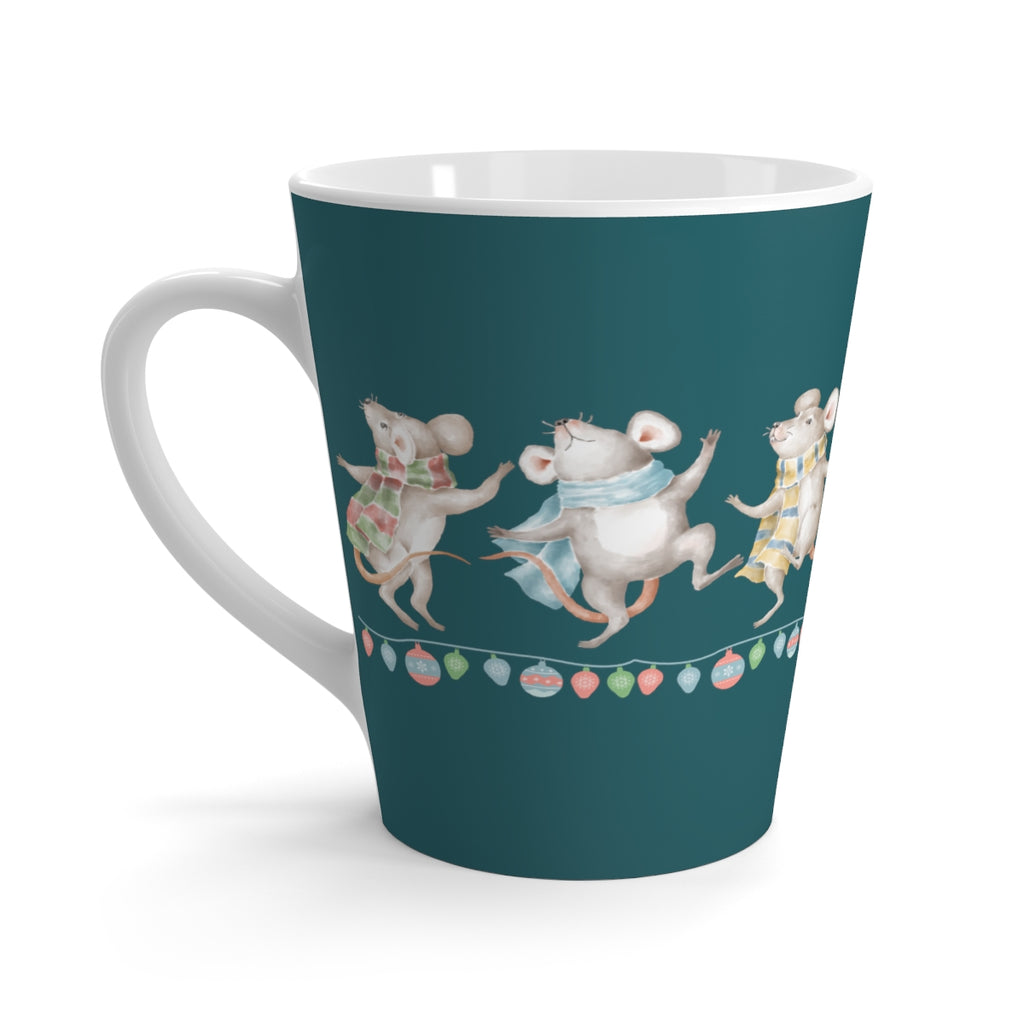 Vintage Watercolor Christmas Dancing Mice Teal Latte Mug (12 oz.) (Dual-Sided Design)