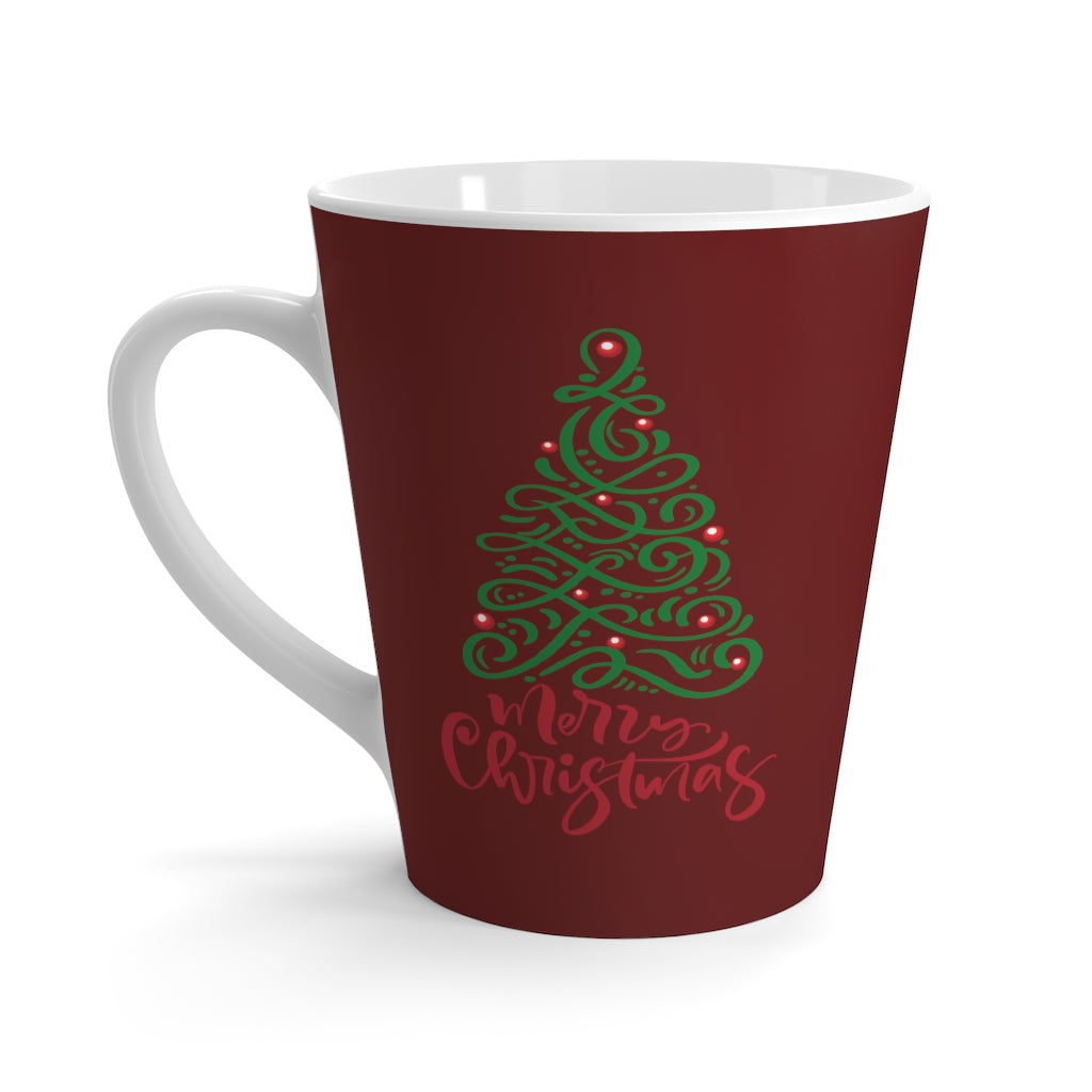 Filigree Merry Christmas Tree Maroon Latte Mug (12 oz.)