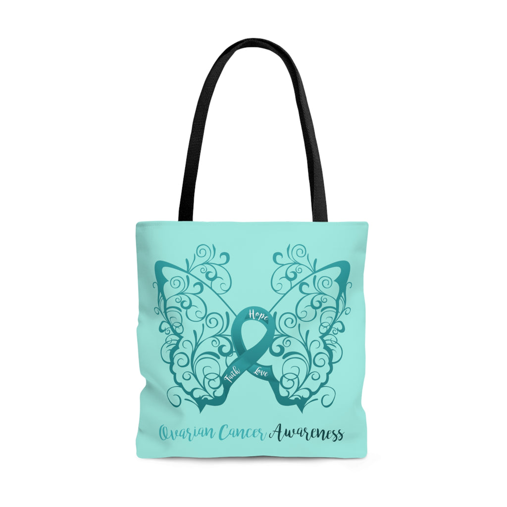 Ovarian Cancer Awareness Filigree Butterfly Large "Light Teal" Tote Bag (Dual-Sided Design)