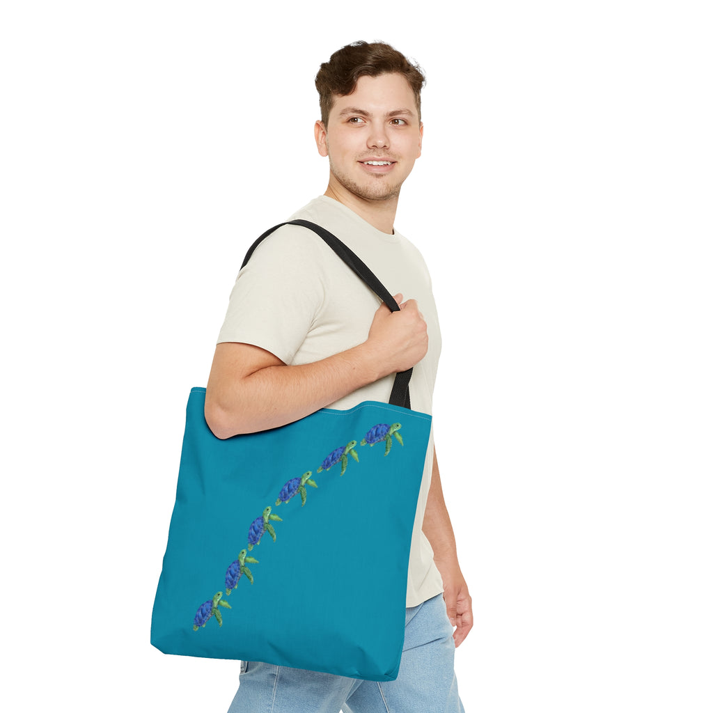 Colored Swimming Sea Turtles Large "Teal" Tote Bag