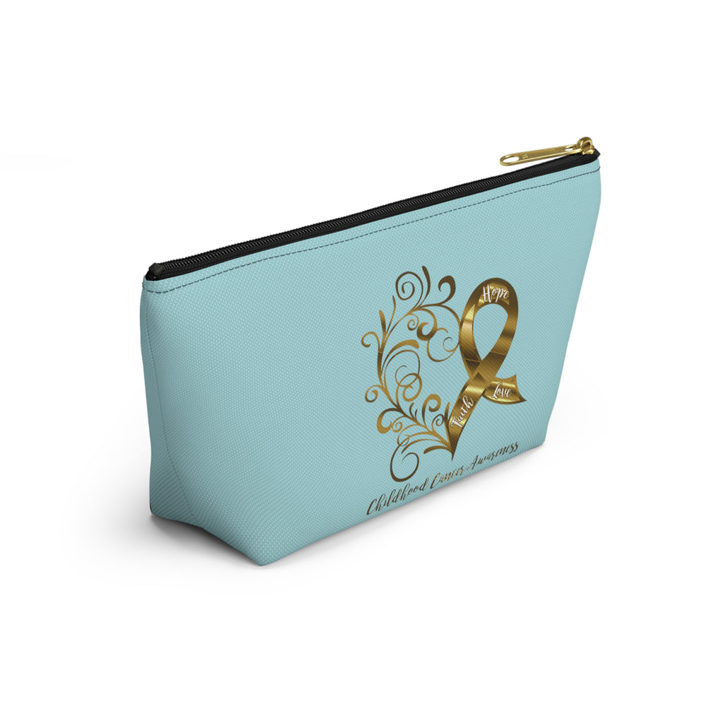 Childhood Cancer Awareness Heart Small "Light Teal" T-Bottom Accessory Pouch (Dual-Sided Design)