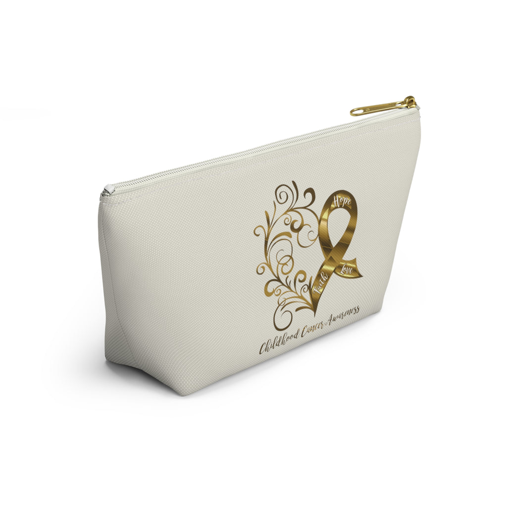 Childhood Cancer Awareness Heart Small "Natural" T-Bottom Accessory Pouch (Dual-Sided Design)