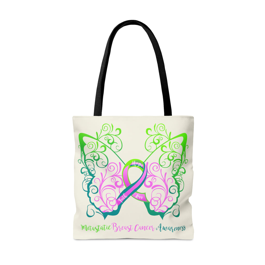 Metastatic  Breast Cancer Awareness Filigree Butterfly Large "Natural" Tote Bag (Dual Sided Design)