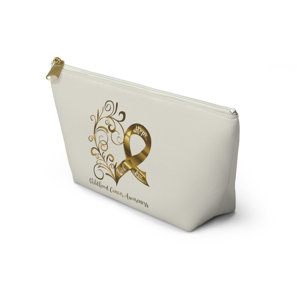 Childhood Cancer Awareness Heart Small "Natural" T-Bottom Accessory Pouch (Dual-Sided Design)