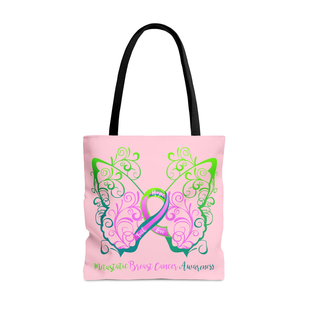Metastatic Breast Cancer Awareness Filigree Butterfly Large "Pink" Tote Bag (Dual-Sided Design)