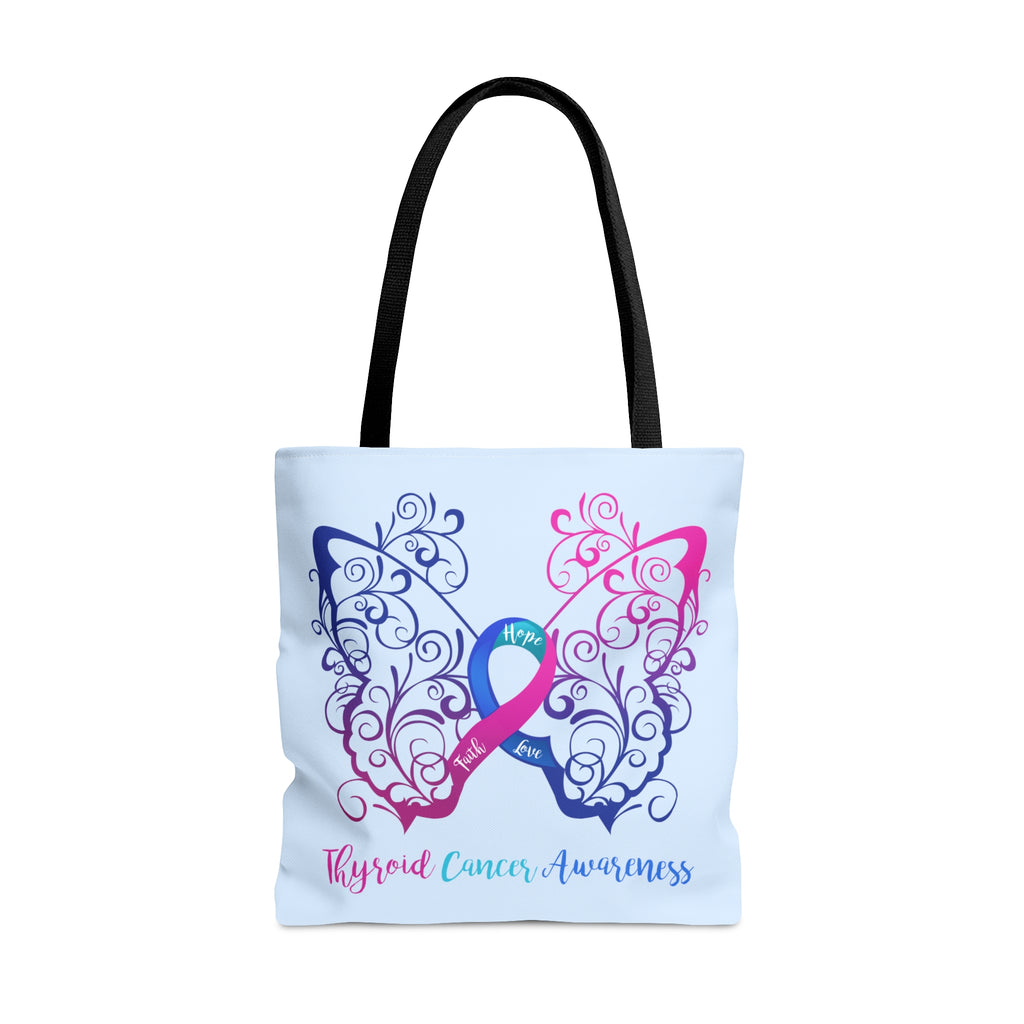 Thyroid Cancer Awareness Filigree Butterfly Large "Light Blue" Tote Bag (Dual-Sided Design)
