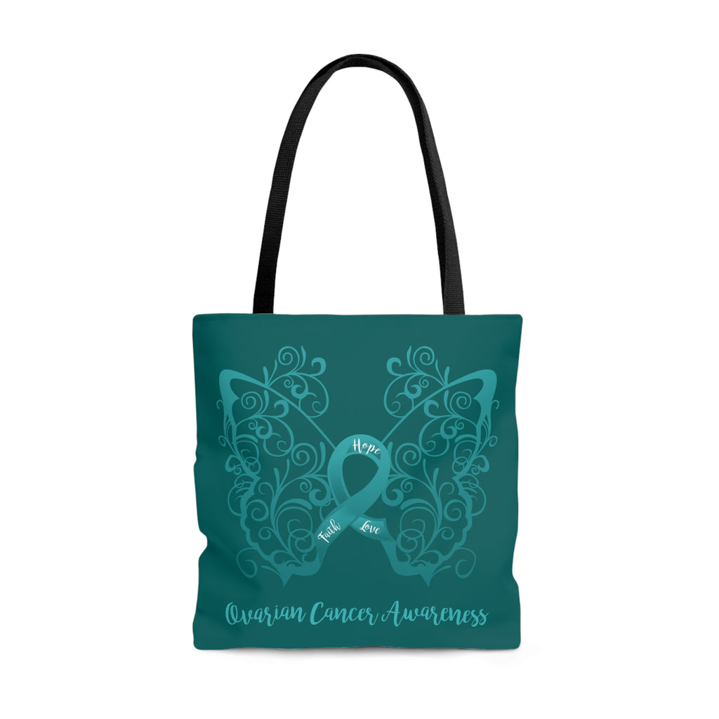 Ovarian Cancer Awareness Filigree Butterfly Large "Dark Teal" Tote Bag (Dual-Sided Design)