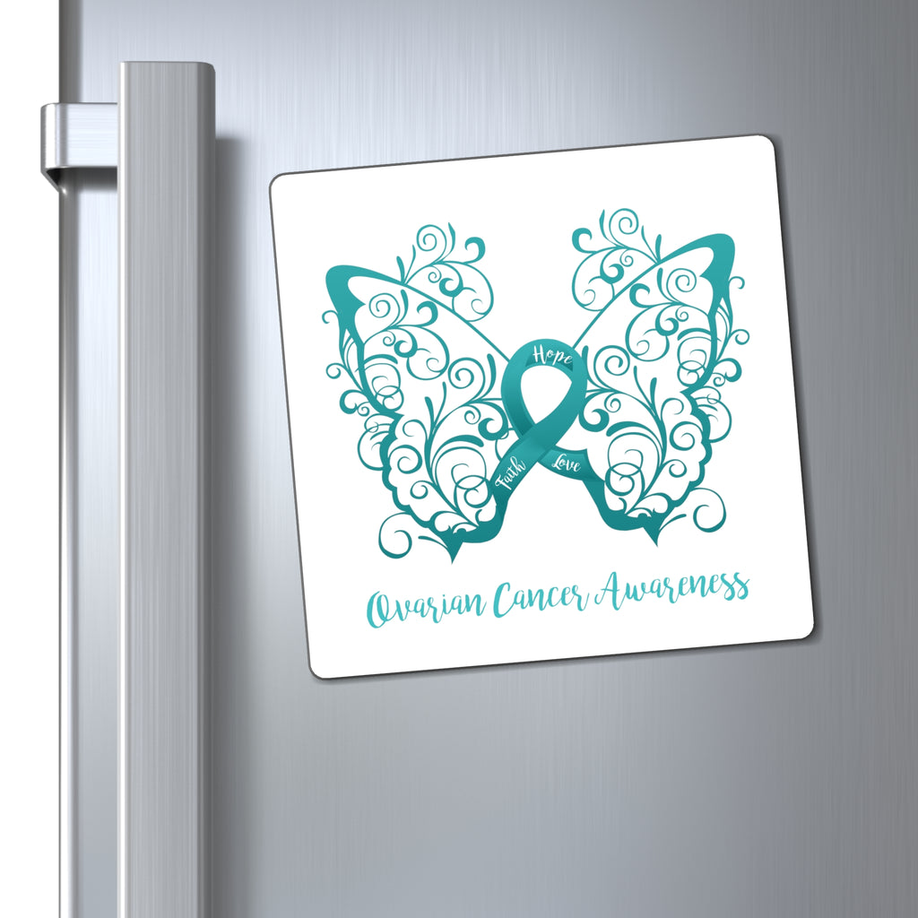 Ovarian Cancer Awareness Filigree Butterfly White Magnet (3 Sizes Available)