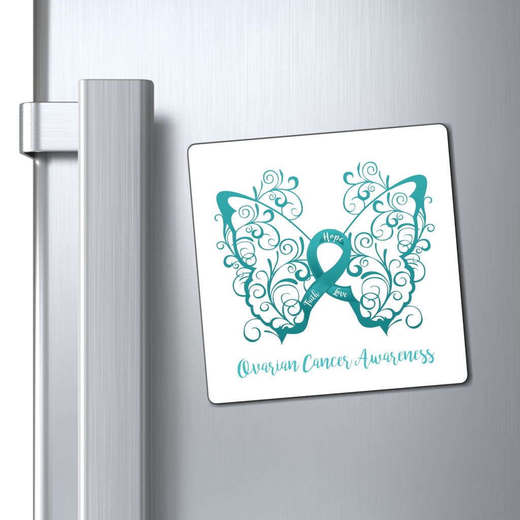 Ovarian Cancer Awareness Filigree Butterfly White Magnet (3 Sizes Available)