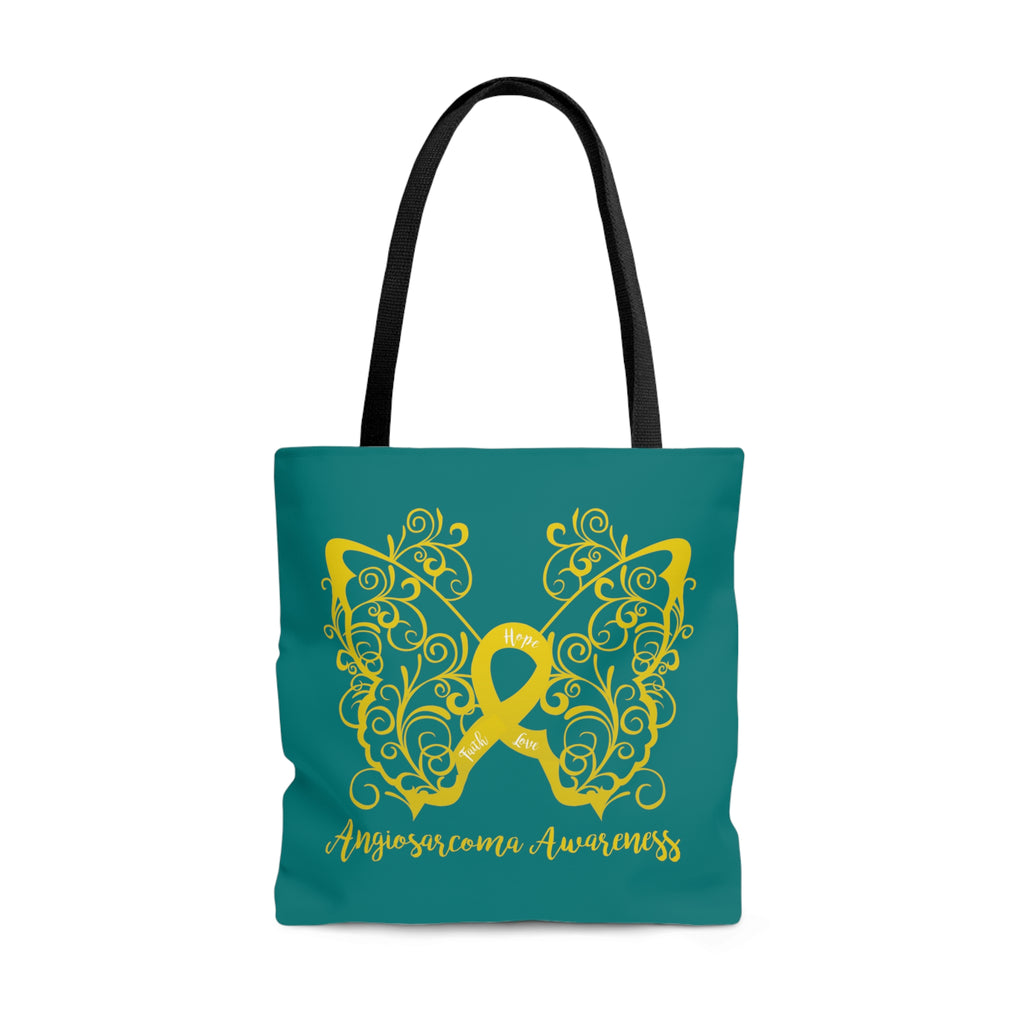 Angiosarcoma Awareness Filigree Butterfly "Dark Teal" Large Tote Bag (Dual-Sided Design)