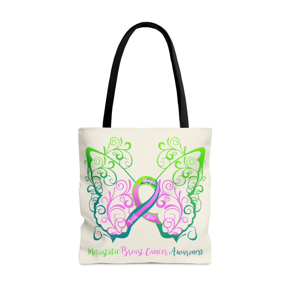 Metastatic  Breast Cancer Awareness Filigree Butterfly Large "Natural" Tote Bag (Dual Sided Design)