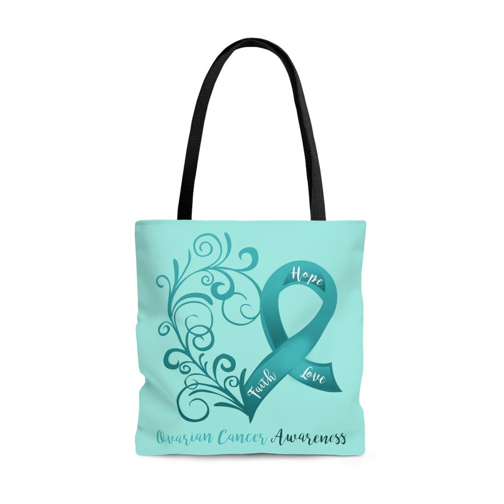 Ovarian Cancer Awareness Heart Large "Light Teal" Tote Bag (Dual-Sided Design)