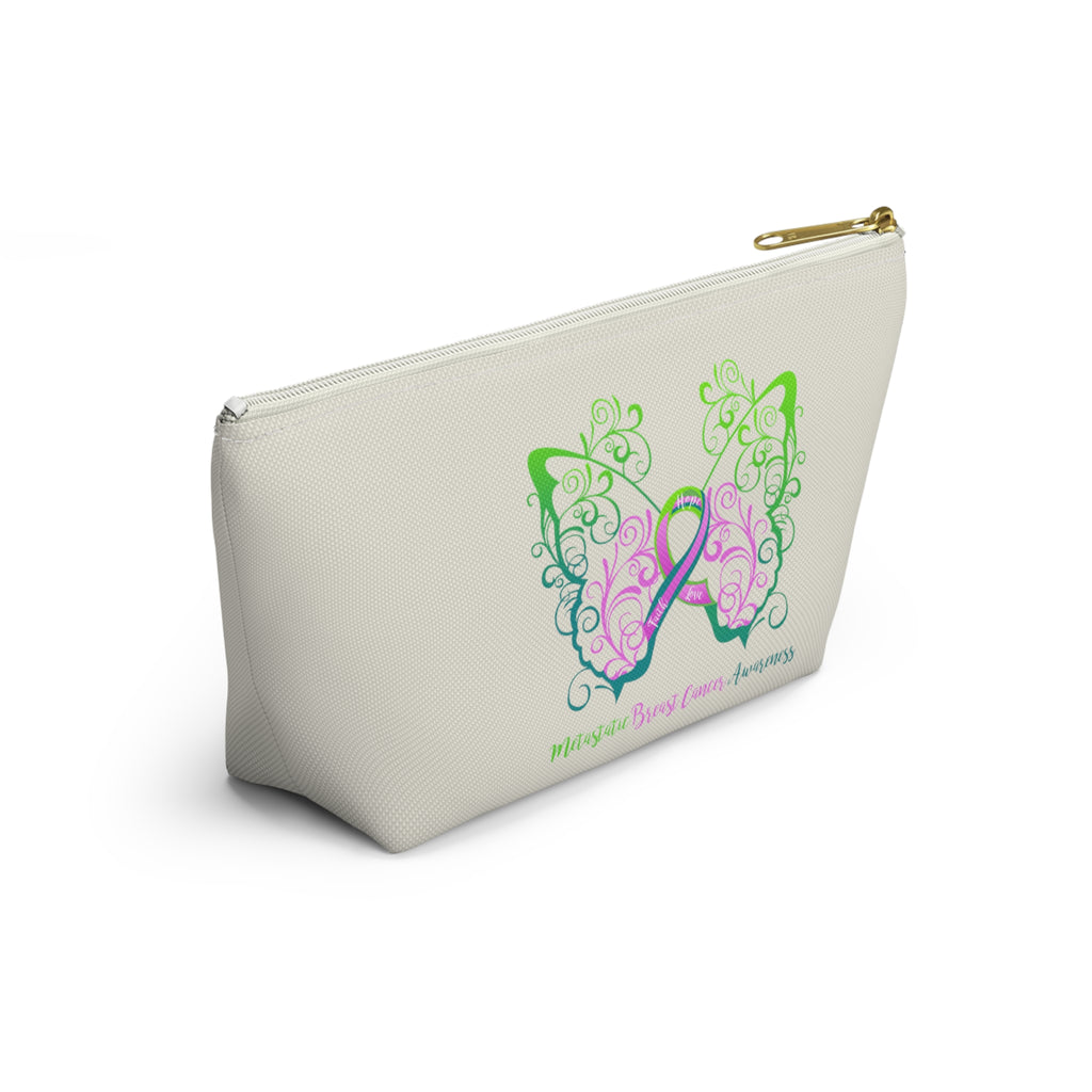 Metastatic Breast Cancer Awareness Filigree Butterfly Small "Natural" T-Bottom Accessory Pouch (Dual-Sided Design)