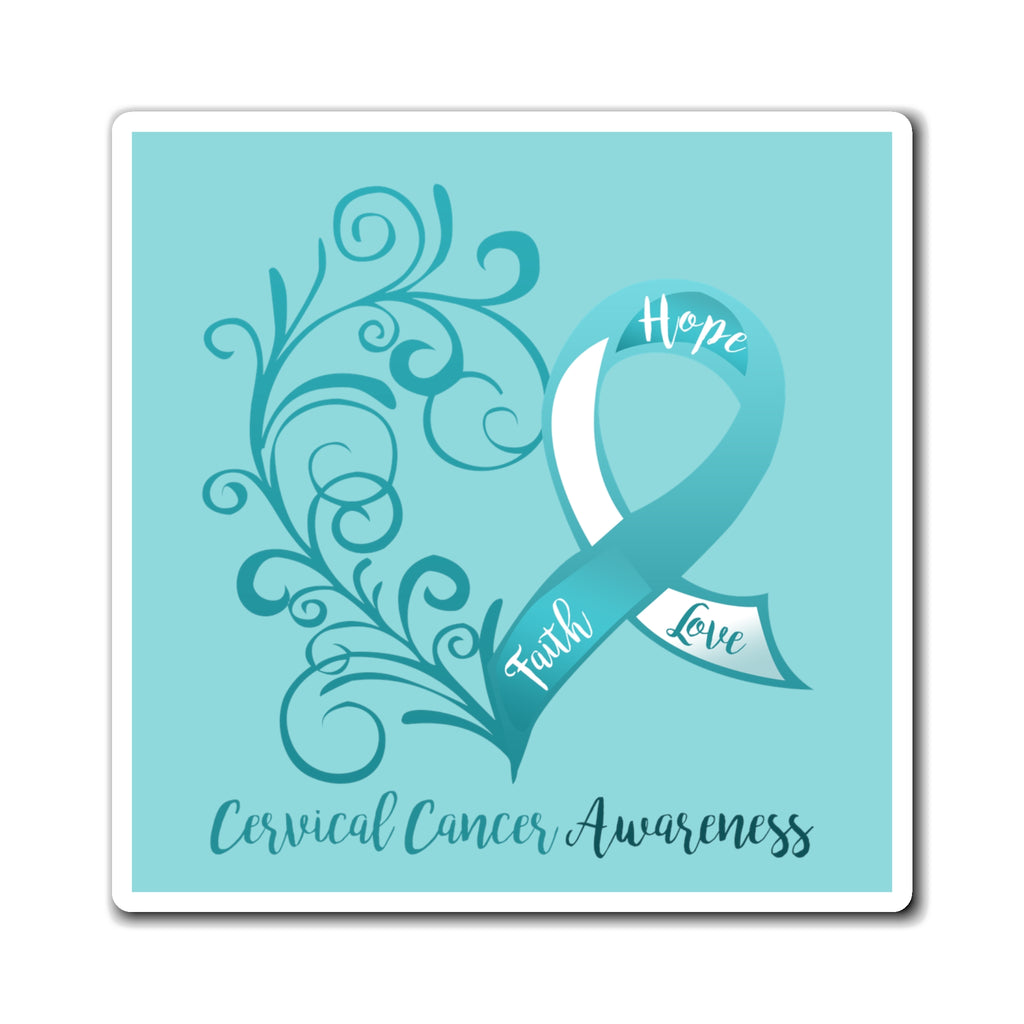 Cervical Cancer Awareness Heart Magnet (Light Teal Background) (3 Sizes Available)