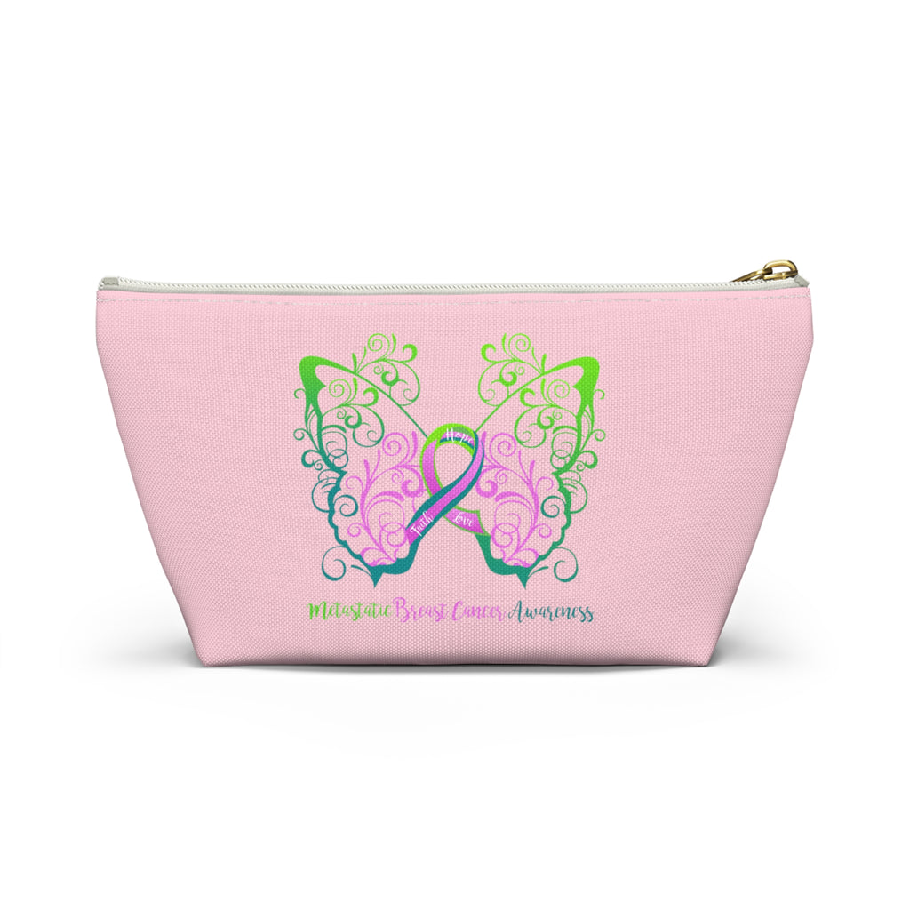 Metastatic Breast Cancer Awareness Filigree Butterfly Small "Pink" T-Bottom Accessory Pouch (Dual-Sided Design)