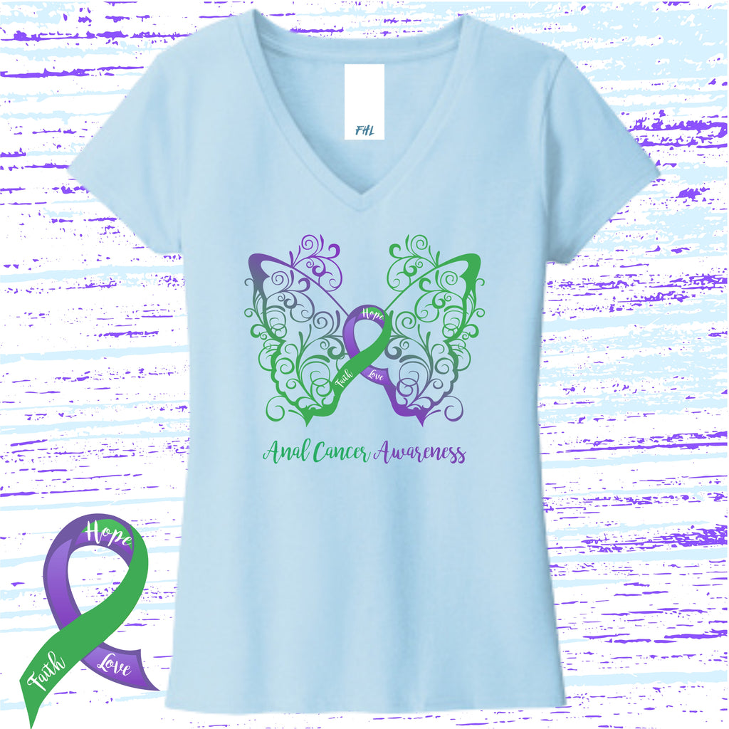 Anal Cancer Awareness Filigree Butterfly Women’s Recycled V-Neck T-Shirt