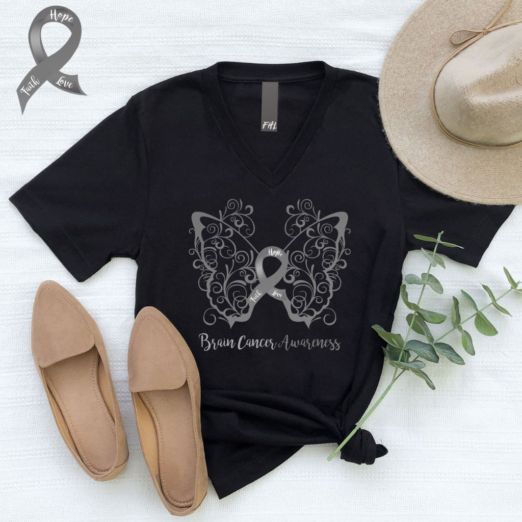 Brain Cancer Awareness Filigree Butterfly V-Neck T-Shirt