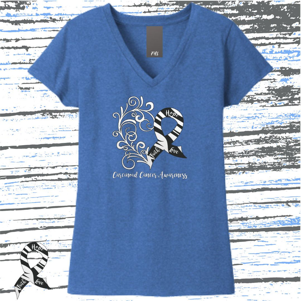 Carcinoid Cancer Awareness Heart Women’s Recycled V-Neck T-Shirt (Several Colors Available)