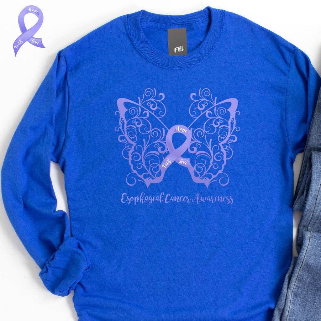 Esophageal Cancer Awareness Filigree Butterfly Plus Size Long Sleeve Shirt (Several Colors Available)
