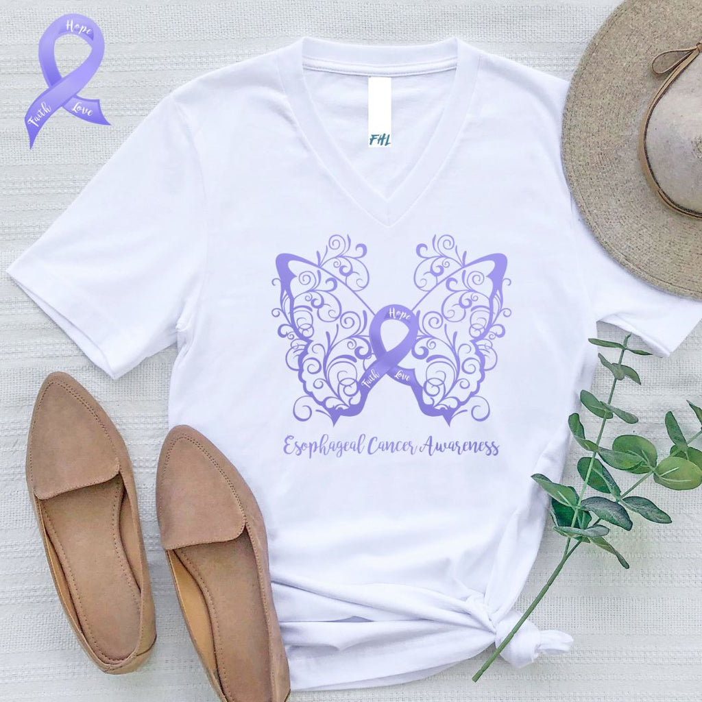 Esophageal Cancer Awareness Filigree Butterfly V-Neck T-Shirt