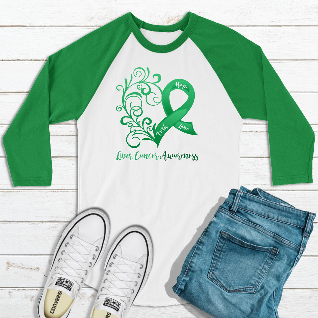 Liver Cancer Awareness Heart 3/4 Sleeve Raglan Shirt