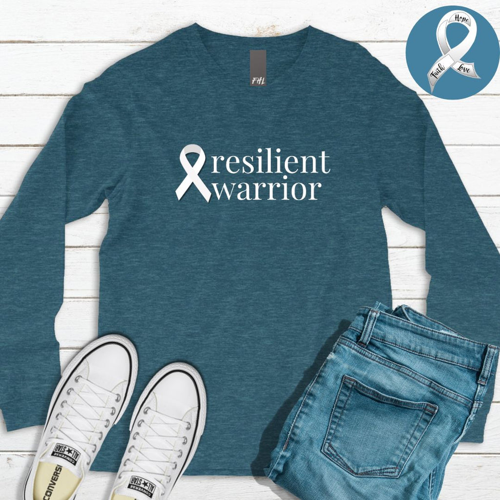 Lung Cancer "resilient warrior" Ribbon Long Sleeve Tee - Several Colors Available