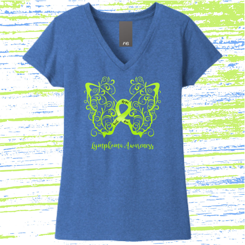 Lymphoma Awareness Filigree Butterfly Women’s Recycled V-Neck T-Shirt