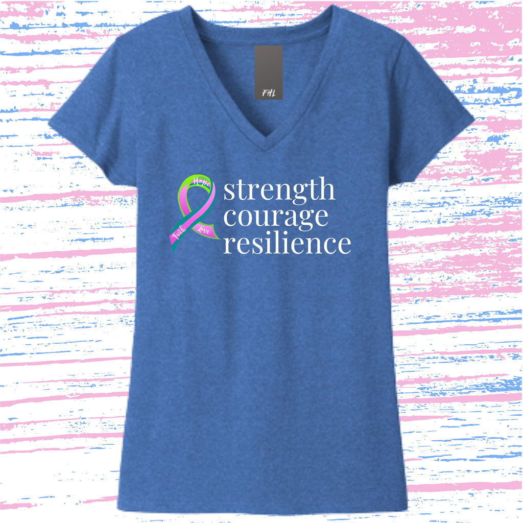Metastatic Breast Cancer "strength, courage, resilience" Ribbon Women’s Recycled V-Neck T-Shirt