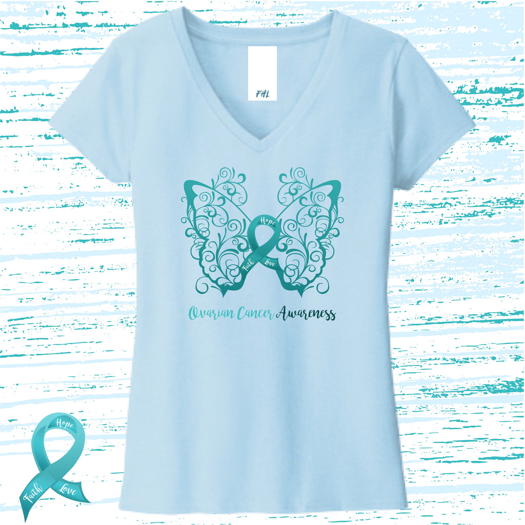 Ovarian Cancer Awareness Filigree Butterfly Women’s Recycled V-Neck T-Shirt