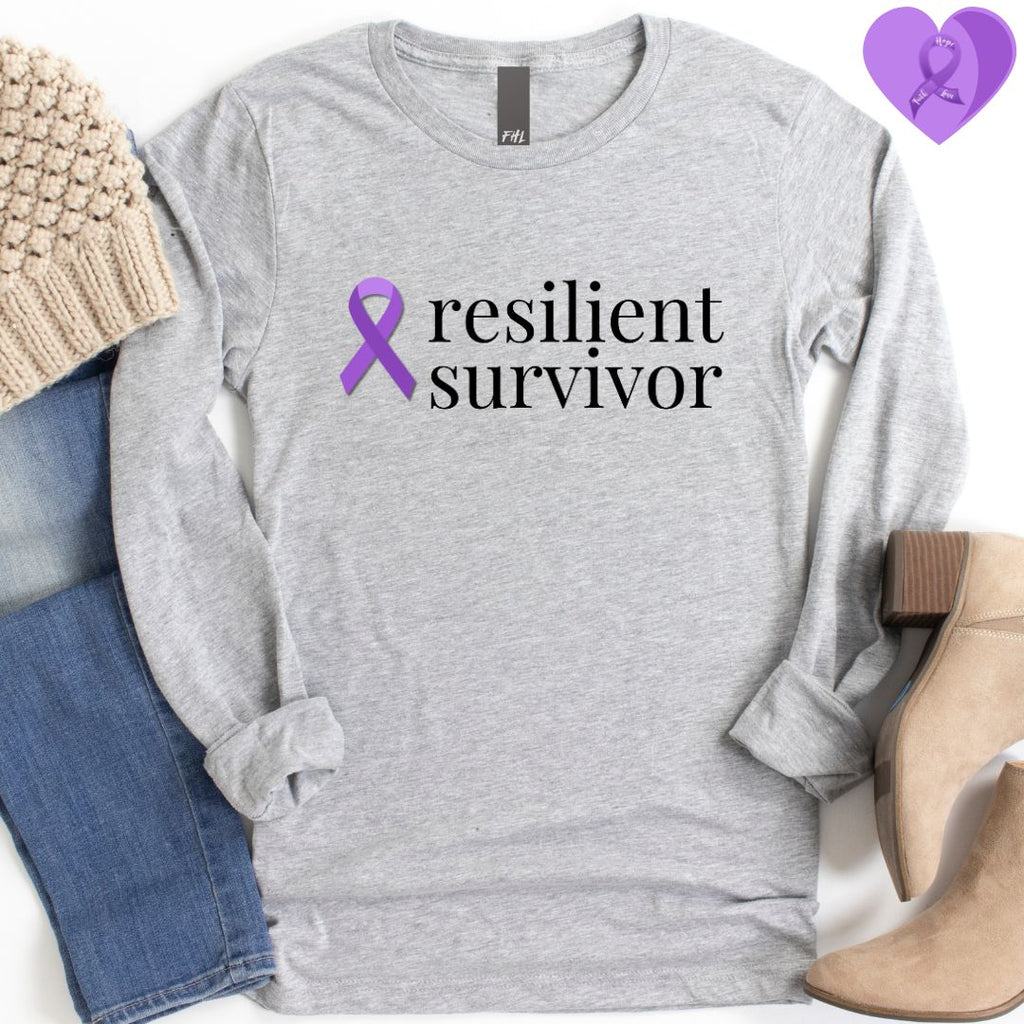 Pancreatic Cancer "resilient survivor" Ribbon Long Sleeve Tee - Several Colors Available