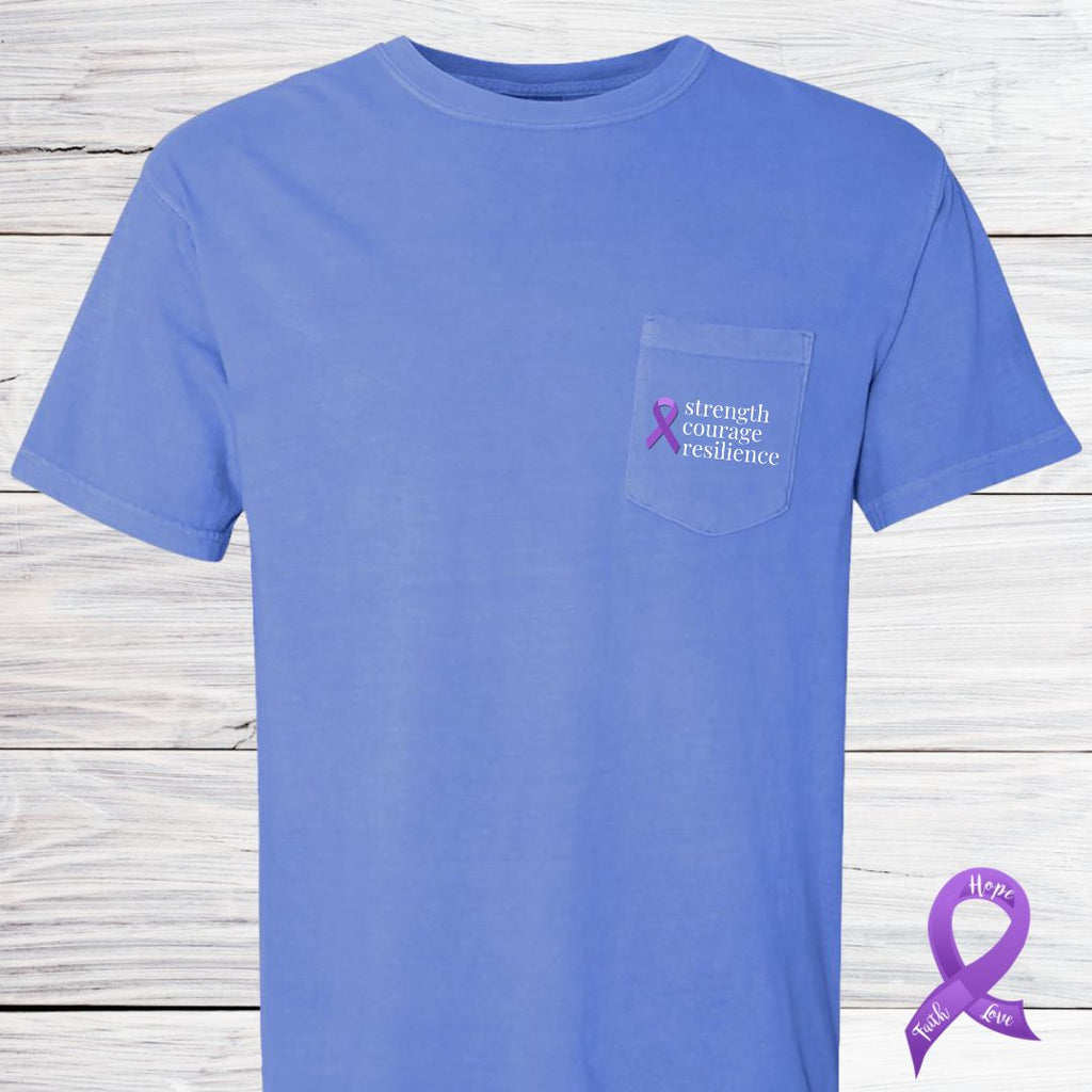Pancreatic Cancer "strength courage resilience" Ribbon Pocket T-Shirt