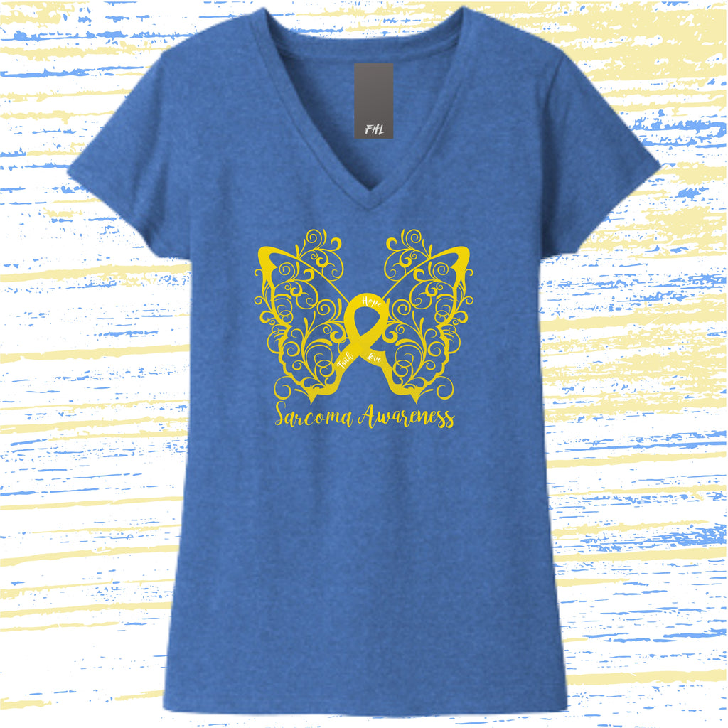 Sarcoma Awareness Filigree Butterfly Women’s Recycled V-Neck T-Shirt