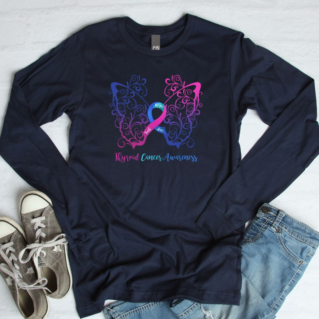 Thyroid Cancer Awareness Filigree Butterfly Long Sleeve Tee (Several Colors Available)