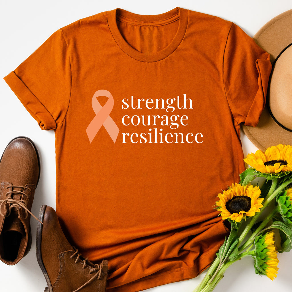 Uterine Cancer "strength courage resilience" Ribbon T-Shirt - Dark Colors