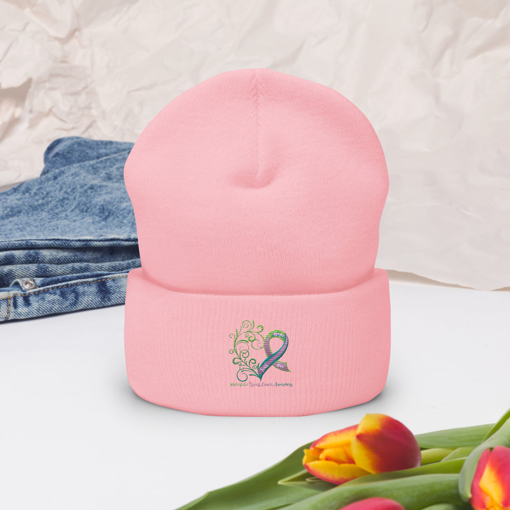Metastatic Breast Cancer Awareness Heart Pink Cuffed Beanie (Embroidered Design)
