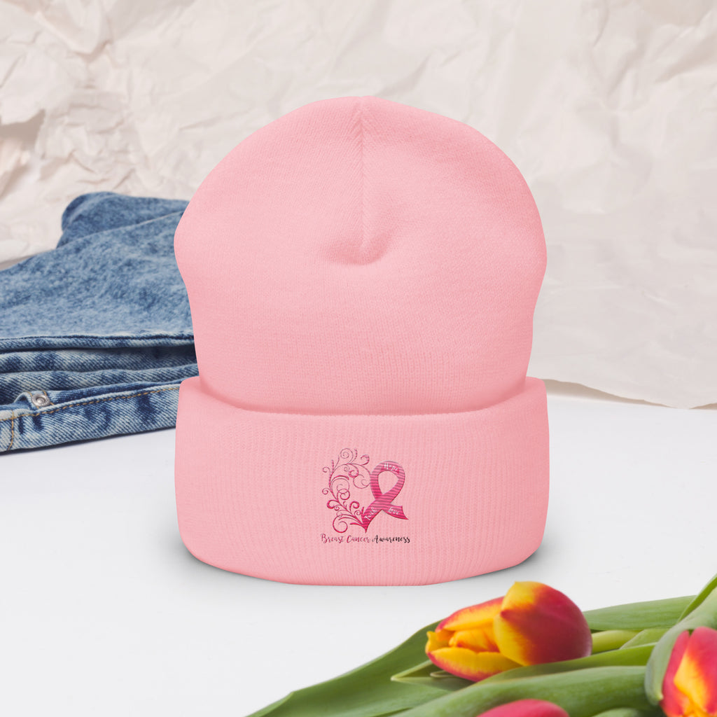 Breast Cancer Awareness Heart Pink Cuffed Beanie (Embroidered Design)