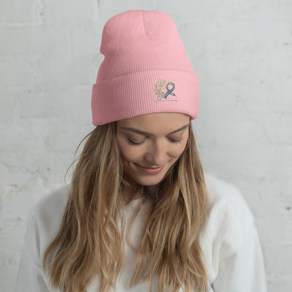 Metastatic Breast Cancer Awareness Heart Pink Cuffed Beanie (Embroidered Design)