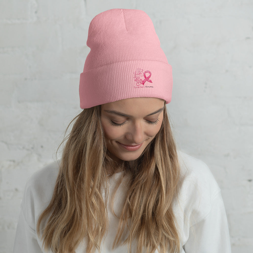 Breast Cancer Awareness Heart Pink Cuffed Beanie (Embroidered Design)